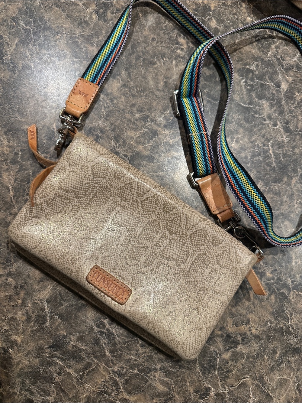 Consuela Beige Snake-Print Crossbody with Rainbow Webbing Strap